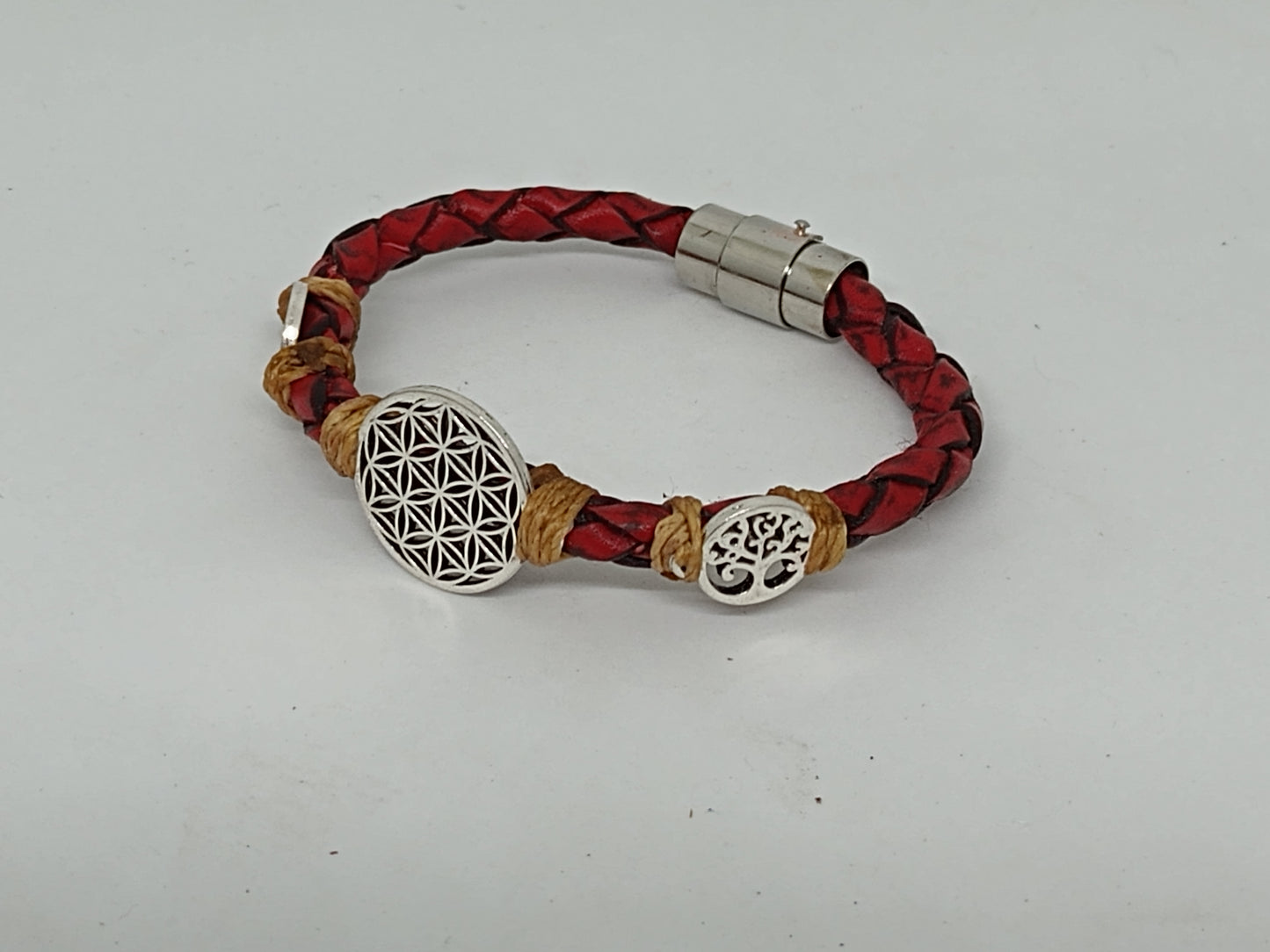 Pulsera cuero trenzado Flor y arbol de la vida